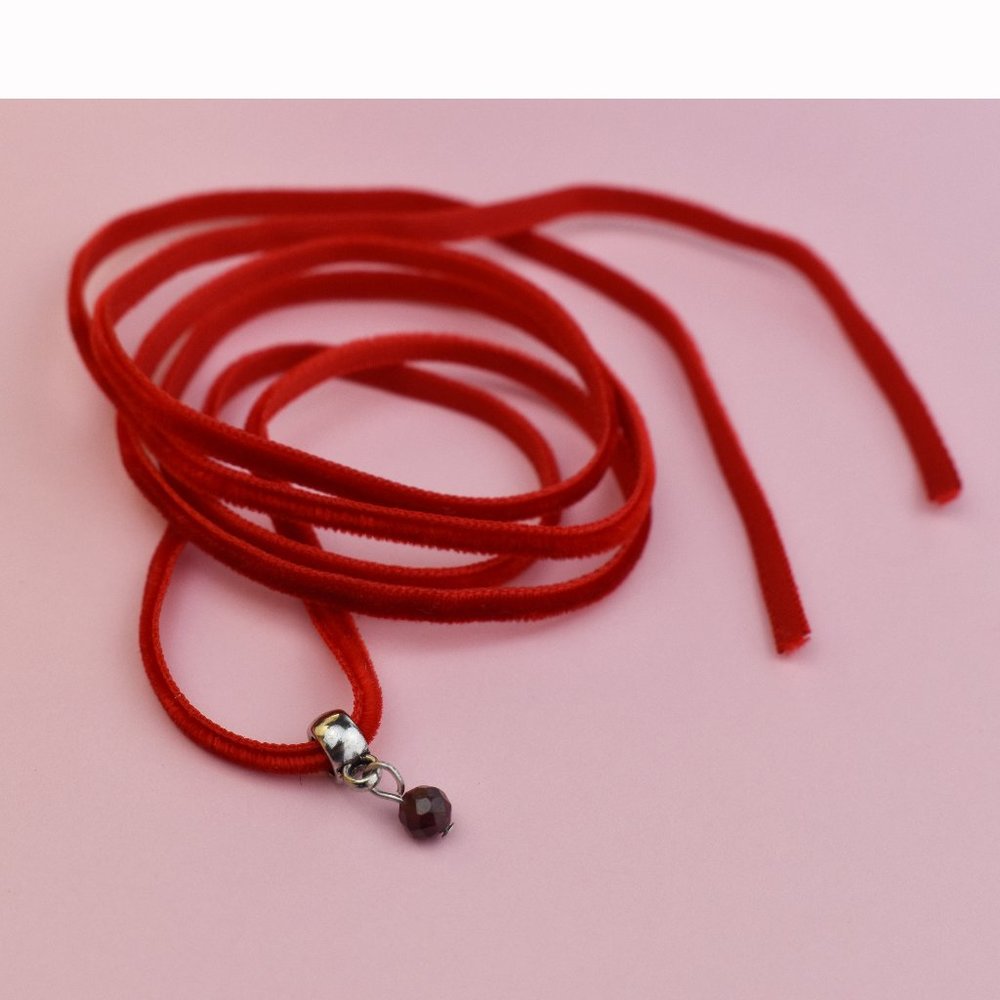 Thin red velvet lace choker with garnet charm, dainty necklace